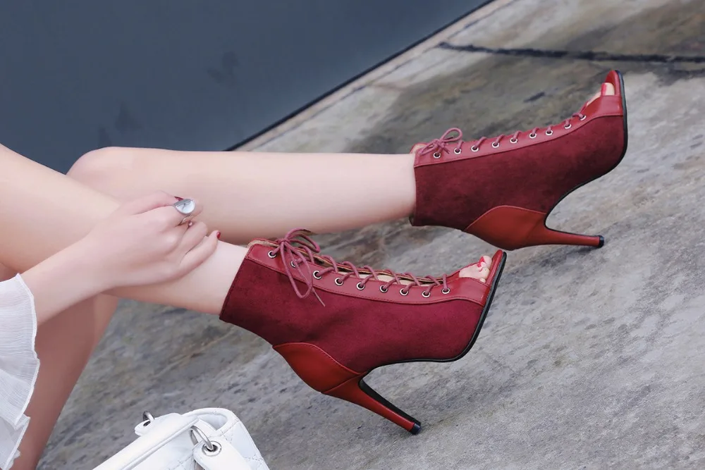 Black Summer High Heels Ankle Boots For Women 2026 Spring Peep Toe Lace Up Pumps Party Jazz Dance Shoes Suede Ladies Large Size