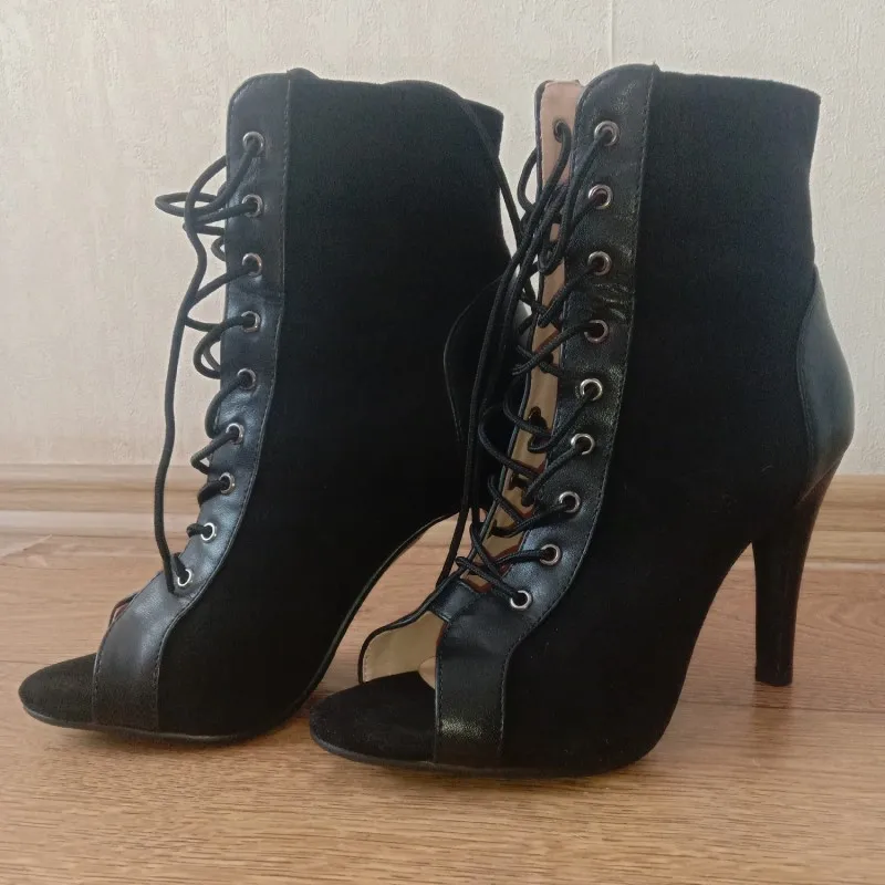 Black Summer High Heels Ankle Boots For Women 2026 Spring Peep Toe Lace Up Pumps Party Jazz Dance Shoes Suede Ladies Large Size