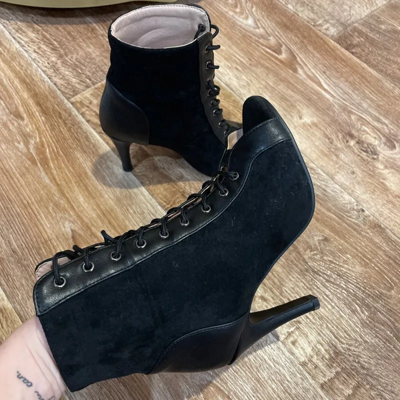 Black Summer High Heels Ankle Boots For Women 2026 Spring Peep Toe Lace Up Pumps Party Jazz Dance Shoes Suede Ladies Large Size