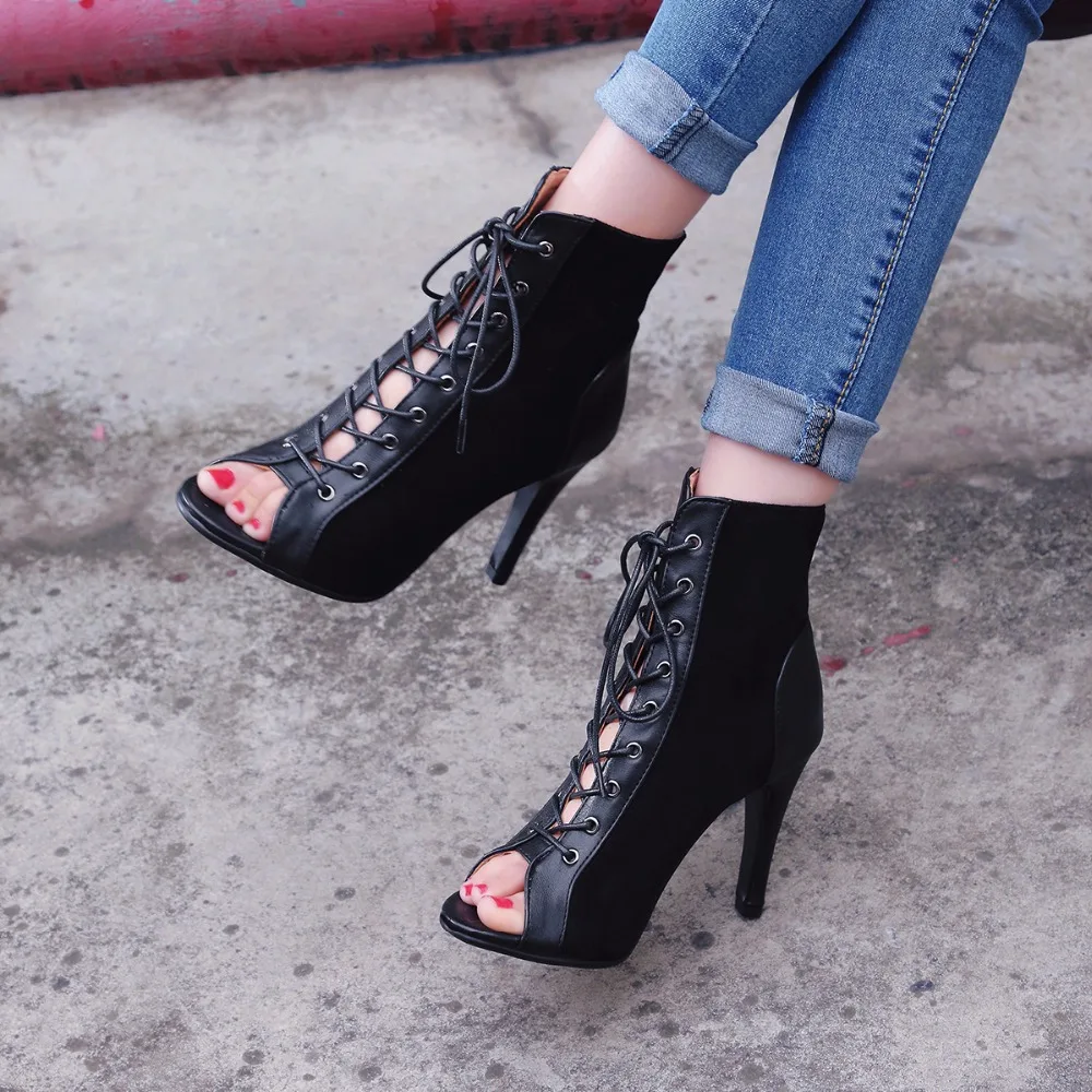 Black Summer High Heels Ankle Boots For Women 2026 Spring Peep Toe Lace Up Pumps Party Jazz Dance Shoes Suede Ladies Large Size