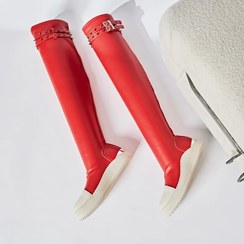 Women Over Knee High Boots PU Leather Platform Luxury Trainers Casual Stretch Shoes Spring Flats Black Red Socks Shoes Big Size