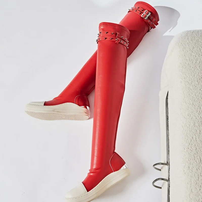 Women Over Knee High Boots PU Leather Platform Luxury Trainers Casual Stretch Shoes Spring Flats Black Red Socks Shoes Big Size