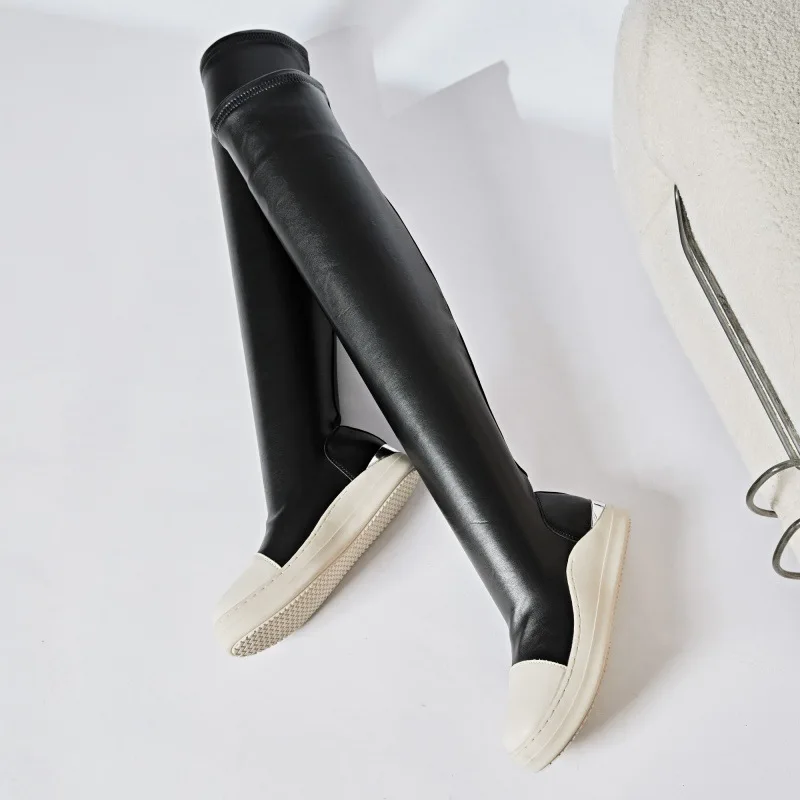 Women Over Knee High Boots PU Leather Platform Luxury Trainers Casual Stretch Shoes Spring Flats Black Red Socks Shoes Big Size