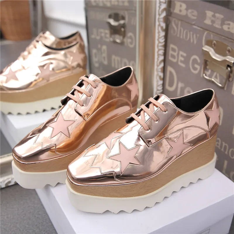 Wedges Square Toe Women Shoes 7cm Thick Heel Lace Up Platform Women Shoes breathable Stars Casual Female Shoes