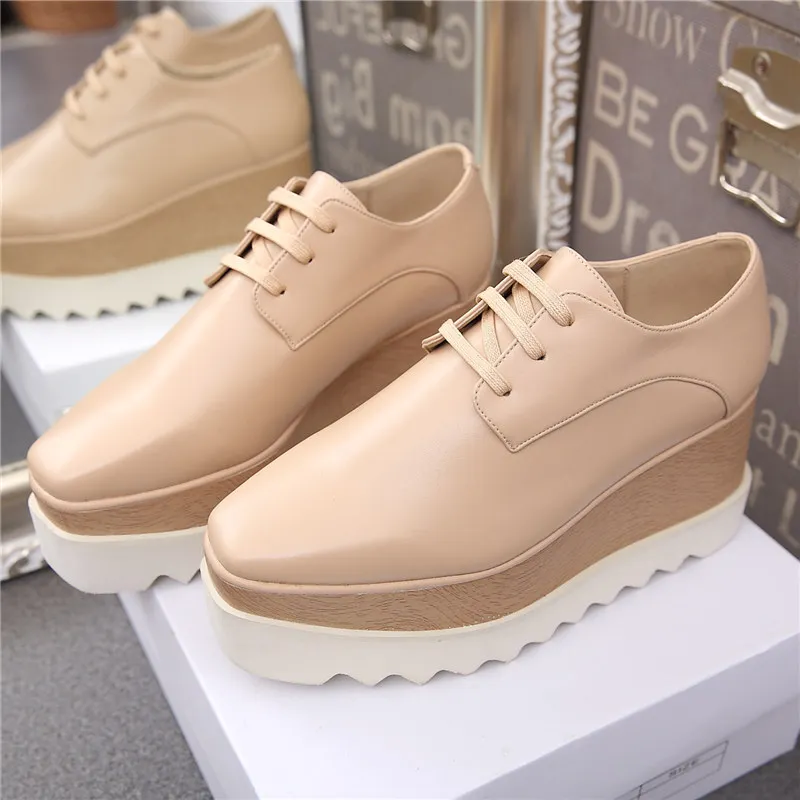 Wedges Square Toe Women Shoes 7cm Thick Heel Lace Up Platform Women Shoes breathable Stars Casual Female Shoes