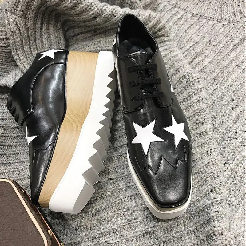 Wedges Square Toe Women Shoes 7cm Thick Heel Lace Up Platform Women Shoes breathable Stars Casual Female Shoes