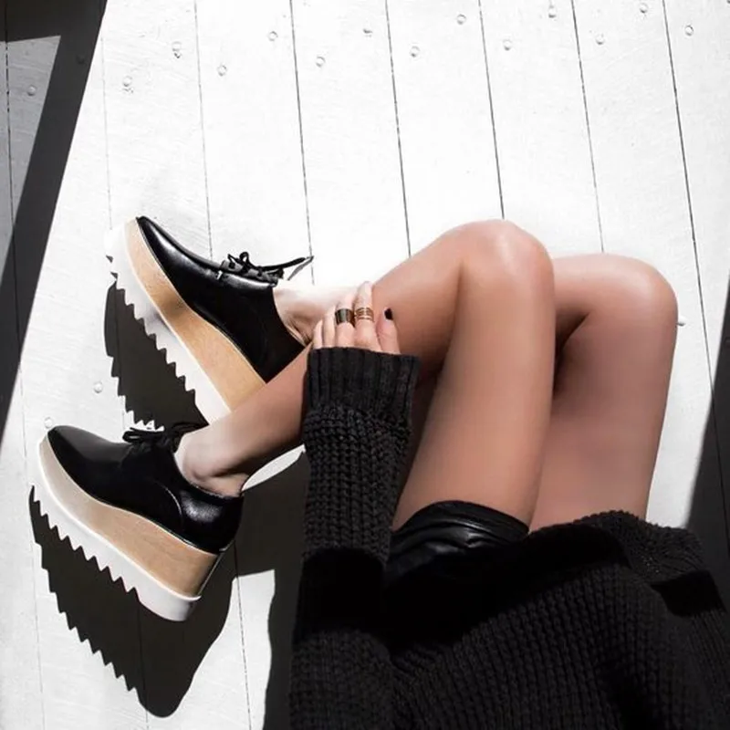 Wedges Square Toe Women Shoes 7cm Thick Heel Lace Up Platform Women Shoes breathable Stars Casual Female Shoes