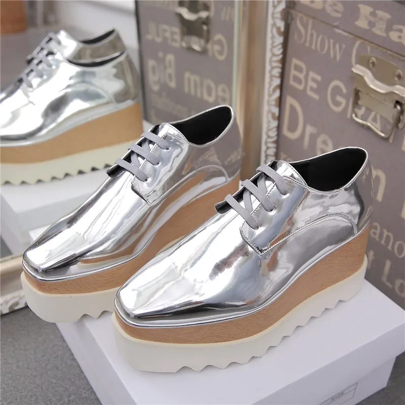 Wedges Square Toe Women Shoes 7cm Thick Heel Lace Up Platform Women Shoes breathable Stars Casual Female Shoes
