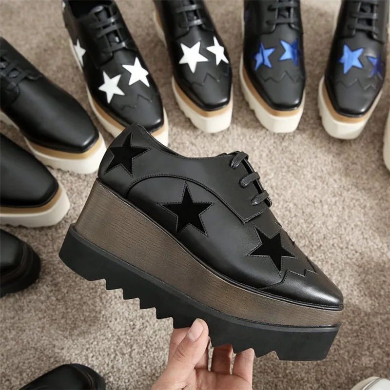 Wedges Square Toe Women Shoes 7cm Thick Heel Lace Up Platform Women Shoes breathable Stars Casual Female Shoes