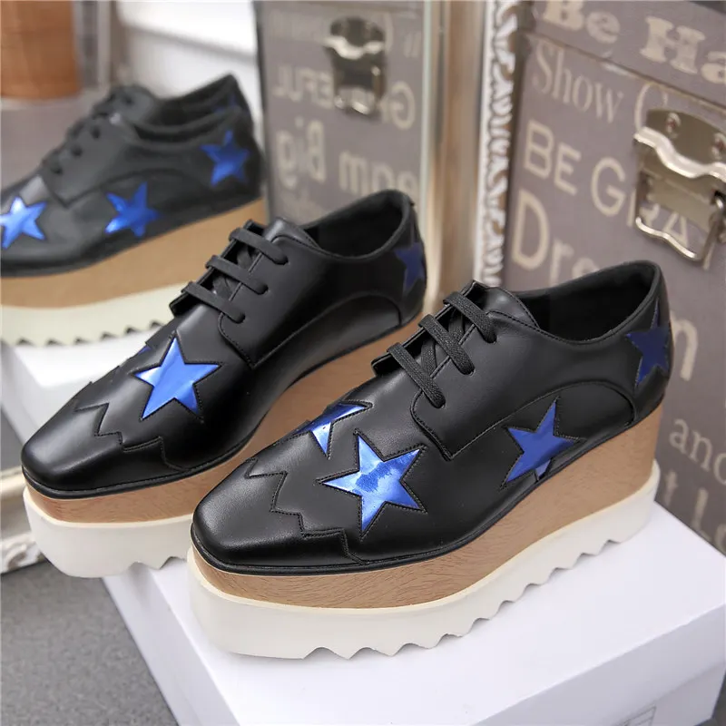 Wedges Square Toe Women Shoes 7cm Thick Heel Lace Up Platform Women Shoes breathable Stars Casual Female Shoes