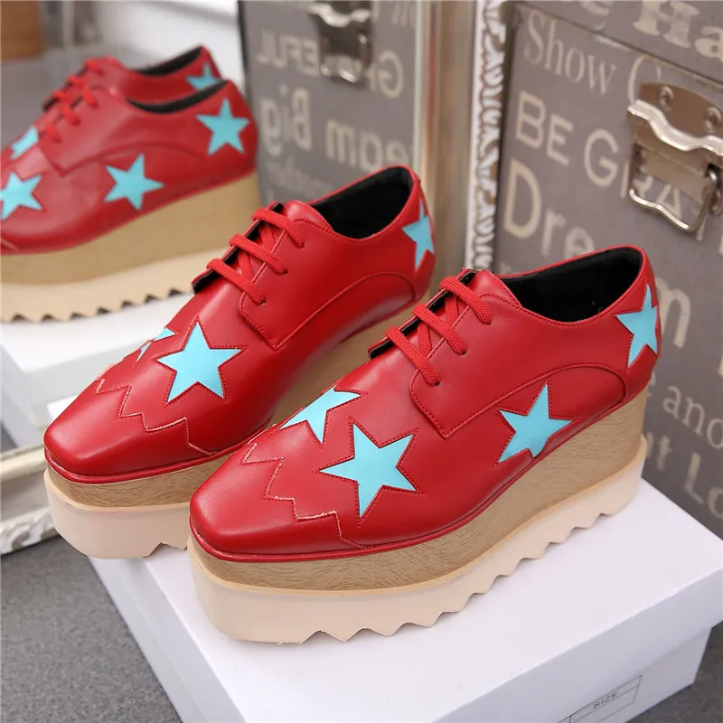Wedges Square Toe Women Shoes 7cm Thick Heel Lace Up Platform Women Shoes breathable Stars Casual Female Shoes