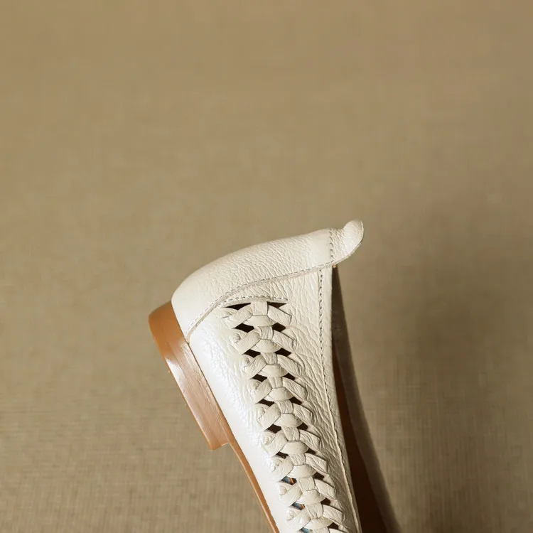 NEW Spring/Autumn Women Pumps Square Toe Low Heel Shoes Genuine Leather Shoes for Women Concise Bow-hnot Weave Slip-on Shoes