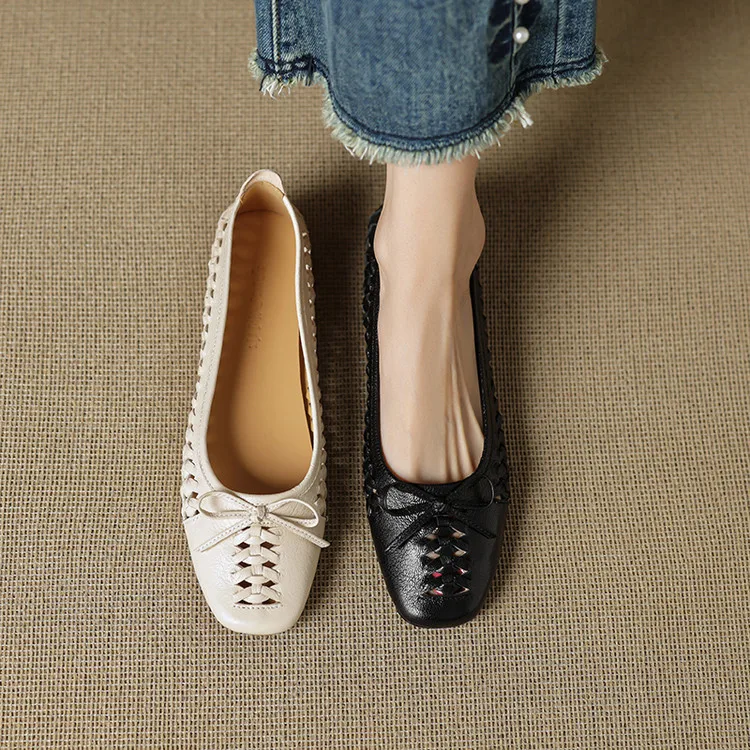 NEW Spring/Autumn Women Pumps Square Toe Low Heel Shoes Genuine Leather Shoes for Women Concise Bow-hnot Weave Slip-on Shoes