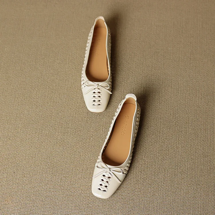 NEW Spring/Autumn Women Pumps Square Toe Low Heel Shoes Genuine Leather Shoes for Women Concise Bow-hnot Weave Slip-on Shoes