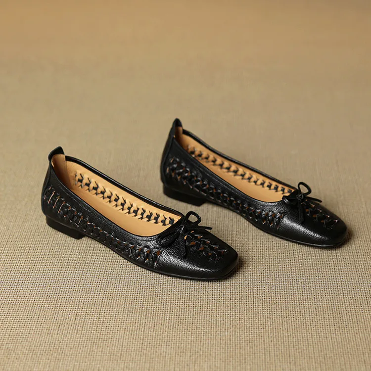 NEW Spring/Autumn Women Pumps Square Toe Low Heel Shoes Genuine Leather Shoes for Women Concise Bow-hnot Weave Slip-on Shoes