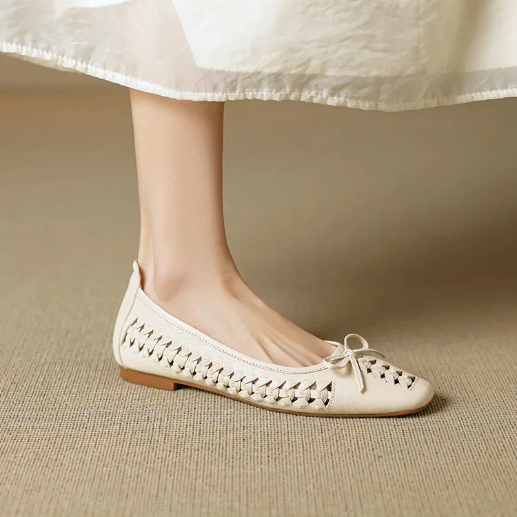 NEW Spring/Autumn Women Pumps Square Toe Low Heel Shoes Genuine Leather Shoes for Women Concise Bow-hnot Weave Slip-on Shoes