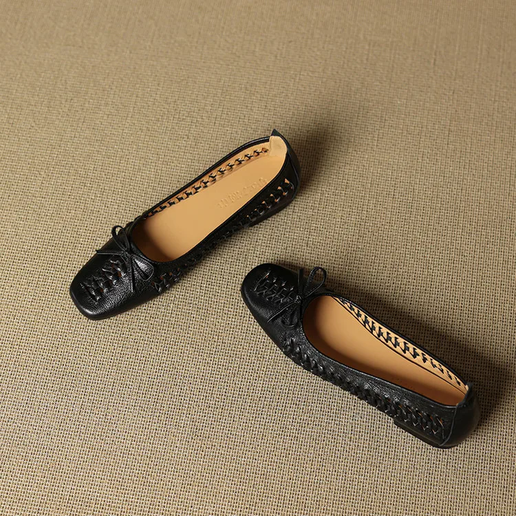 NEW Spring/Autumn Women Pumps Square Toe Low Heel Shoes Genuine Leather Shoes for Women Concise Bow-hnot Weave Slip-on Shoes