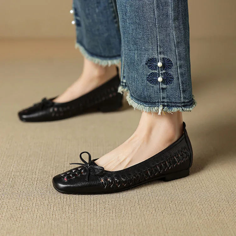 NEW Spring/Autumn Women Pumps Square Toe Low Heel Shoes Genuine Leather Shoes for Women Concise Bow-hnot Weave Slip-on Shoes
