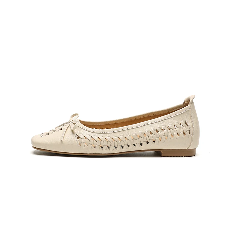NEW Spring/Autumn Women Pumps Square Toe Low Heel Shoes Genuine Leather Shoes for Women Concise Bow-hnot Weave Slip-on Shoes