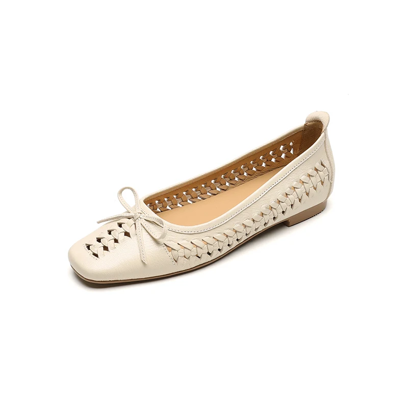 NEW Spring/Autumn Women Pumps Square Toe Low Heel Shoes Genuine Leather Shoes for Women Concise Bow-hnot Weave Slip-on Shoes