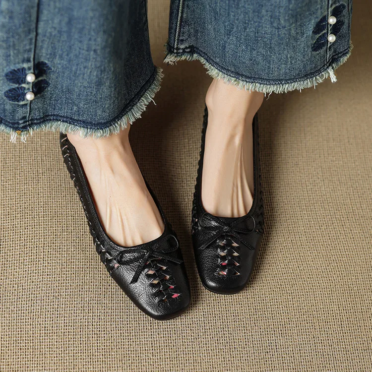 NEW Spring/Autumn Women Pumps Square Toe Low Heel Shoes Genuine Leather Shoes for Women Concise Bow-hnot Weave Slip-on Shoes