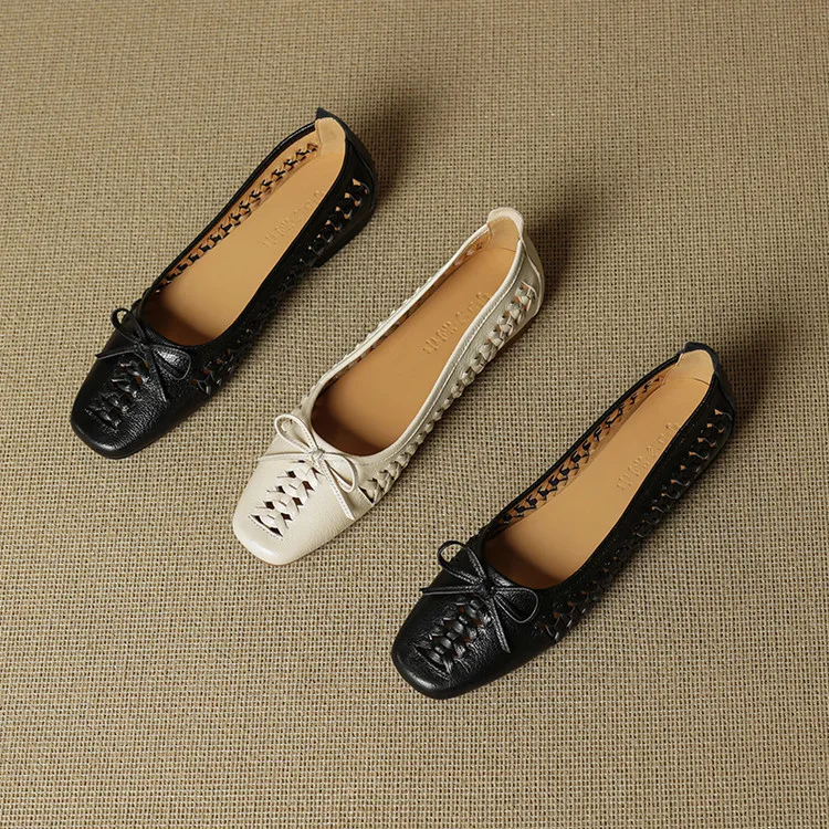 NEW Spring/Autumn Women Pumps Square Toe Low Heel Shoes Genuine Leather Shoes for Women Concise Bow-hnot Weave Slip-on Shoes
