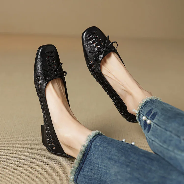 NEW Spring/Autumn Women Pumps Square Toe Low Heel Shoes Genuine Leather Shoes for Women Concise Bow-hnot Weave Slip-on Shoes
