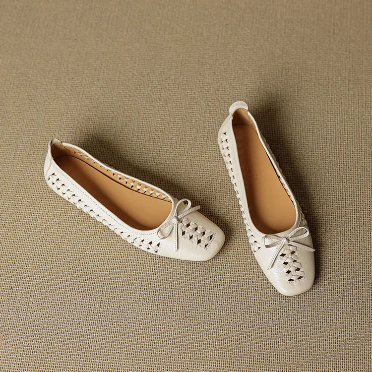 NEW Spring/Autumn Women Pumps Square Toe Low Heel Shoes Genuine Leather Shoes for Women Concise Bow-hnot Weave Slip-on Shoes