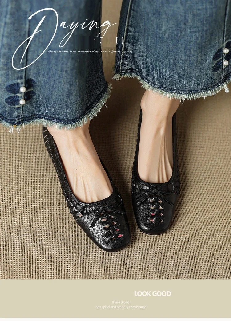 NEW Spring/Autumn Women Pumps Square Toe Low Heel Shoes Genuine Leather Shoes for Women Concise Bow-hnot Weave Slip-on Shoes