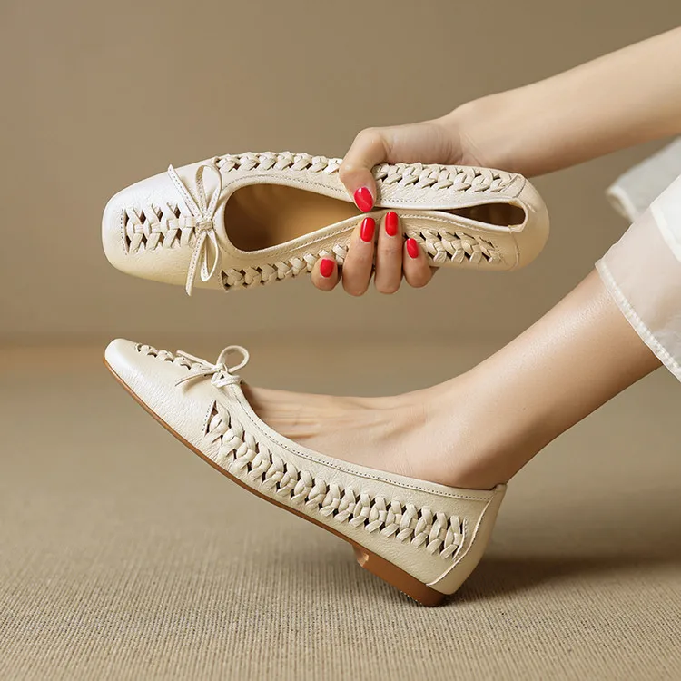 NEW Spring/Autumn Women Pumps Square Toe Low Heel Shoes Genuine Leather Shoes for Women Concise Bow-hnot Weave Slip-on Shoes