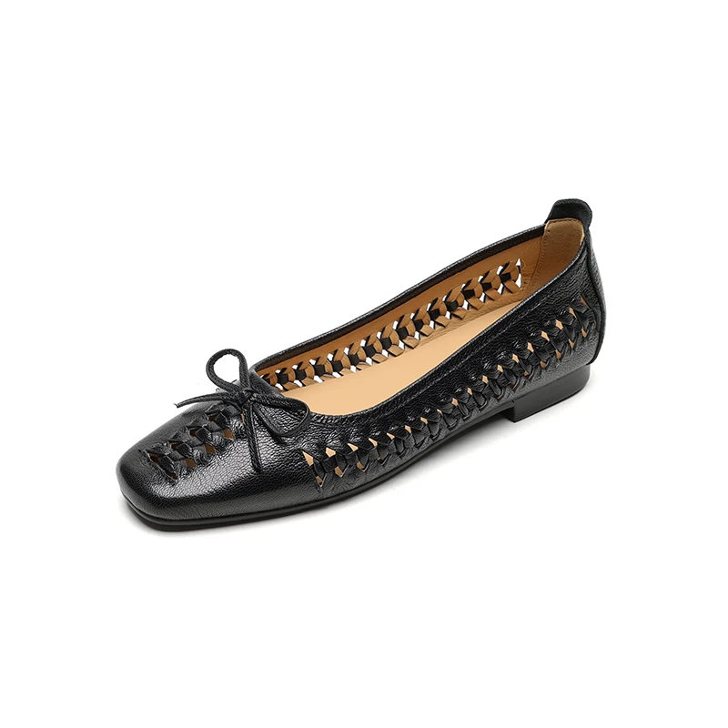 NEW Spring/Autumn Women Pumps Square Toe Low Heel Shoes Genuine Leather Shoes for Women Concise Bow-hnot Weave Slip-on Shoes