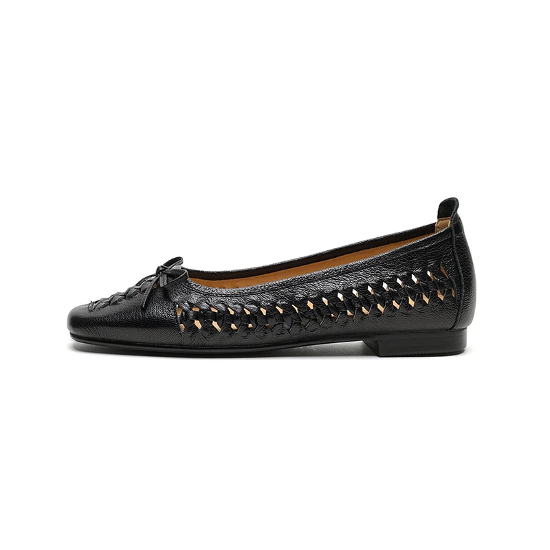 NEW Spring/Autumn Women Pumps Square Toe Low Heel Shoes Genuine Leather Shoes for Women Concise Bow-hnot Weave Slip-on Shoes