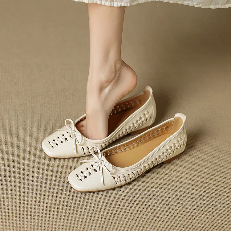 NEW Spring/Autumn Women Pumps Square Toe Low Heel Shoes Genuine Leather Shoes for Women Concise Bow-hnot Weave Slip-on Shoes