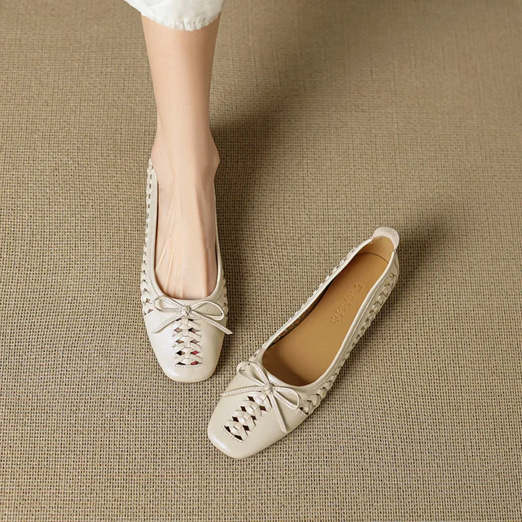 NEW Spring/Autumn Women Pumps Square Toe Low Heel Shoes Genuine Leather Shoes for Women Concise Bow-hnot Weave Slip-on Shoes