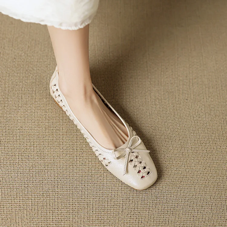NEW Spring/Autumn Women Pumps Square Toe Low Heel Shoes Genuine Leather Shoes for Women Concise Bow-hnot Weave Slip-on Shoes