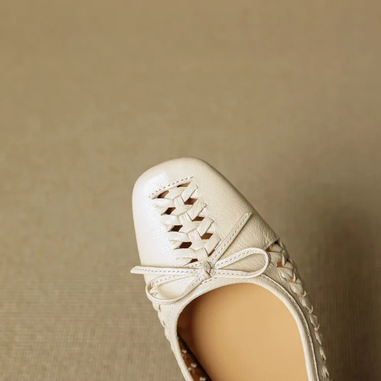 NEW Spring/Autumn Women Pumps Square Toe Low Heel Shoes Genuine Leather Shoes for Women Concise Bow-hnot Weave Slip-on Shoes