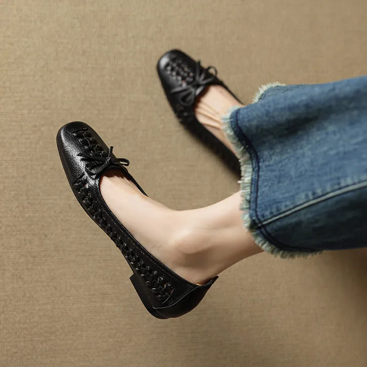 NEW Spring/Autumn Women Pumps Square Toe Low Heel Shoes Genuine Leather Shoes for Women Concise Bow-hnot Weave Slip-on Shoes