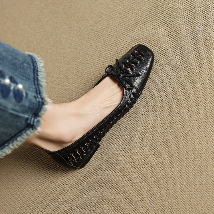 NEW Spring/Autumn Women Pumps Square Toe Low Heel Shoes Genuine Leather Shoes for Women Concise Bow-hnot Weave Slip-on Shoes