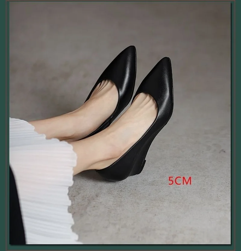 FHC Spring Sheepskin Leather Wedges Shallow Shoes,Women Pumps,High Heels,Slip On,Pointed Toe,Black,Dropship
