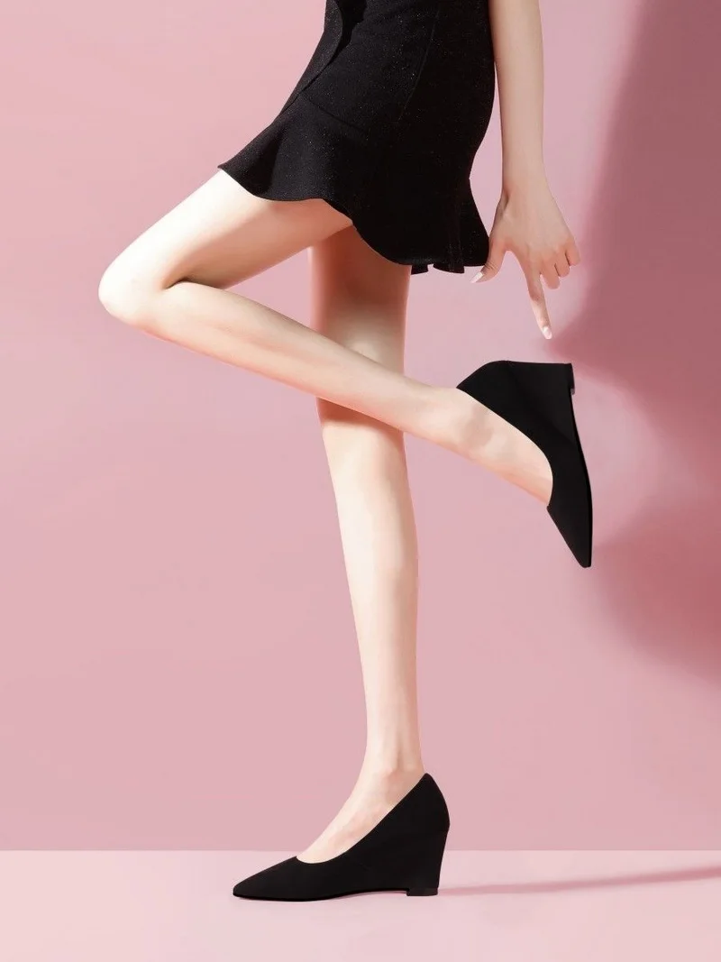 FHC Spring Sheepskin Leather Wedges Shallow Shoes,Women Pumps,High Heels,Slip On,Pointed Toe,Black,Dropship