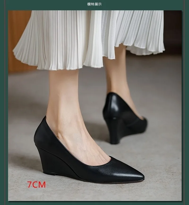 FHC Spring Sheepskin Leather Wedges Shallow Shoes,Women Pumps,High Heels,Slip On,Pointed Toe,Black,Dropship