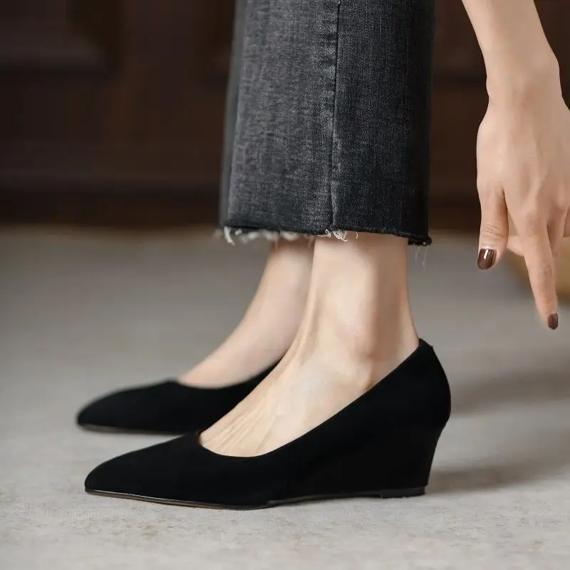 FHC Spring Sheepskin Leather Wedges Shallow Shoes,Women Pumps,High Heels,Slip On,Pointed Toe,Black,Dropship