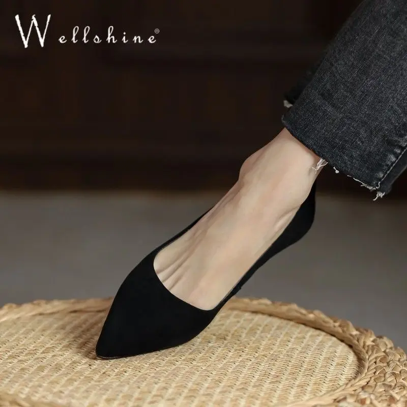 FHC Spring Sheepskin Leather Wedges Shallow Shoes,Women Pumps,High Heels,Slip On,Pointed Toe,Black,Dropship
