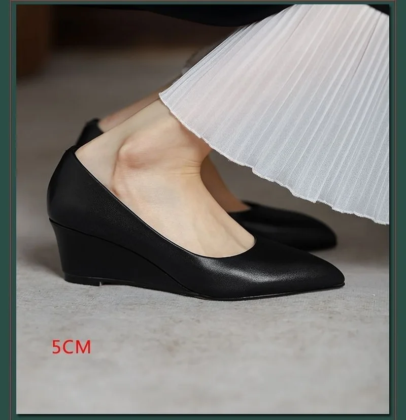 FHC Spring Sheepskin Leather Wedges Shallow Shoes,Women Pumps,High Heels,Slip On,Pointed Toe,Black,Dropship
