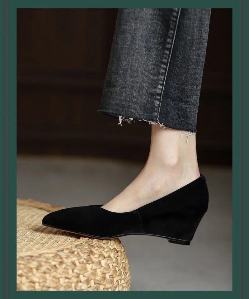 FHC Spring Sheepskin Leather Wedges Shallow Shoes,Women Pumps,High Heels,Slip On,Pointed Toe,Black,Dropship