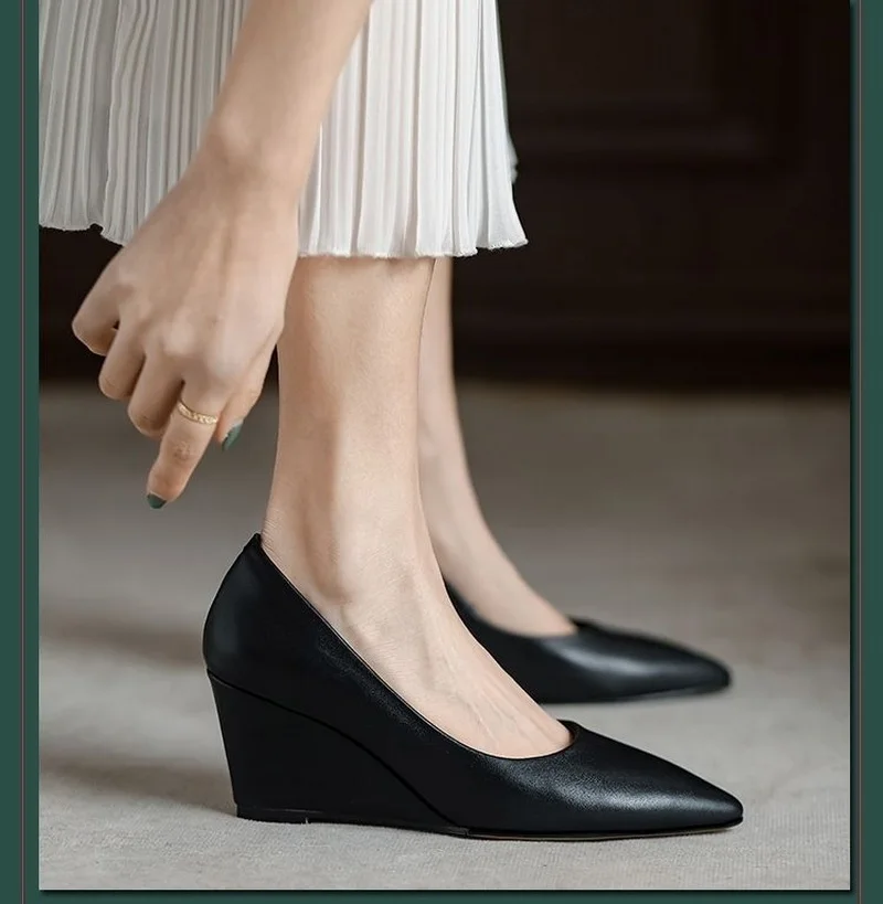 FHC Spring Sheepskin Leather Wedges Shallow Shoes,Women Pumps,High Heels,Slip On,Pointed Toe,Black,Dropship