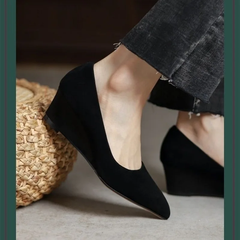 FHC Spring Sheepskin Leather Wedges Shallow Shoes,Women Pumps,High Heels,Slip On,Pointed Toe,Black,Dropship