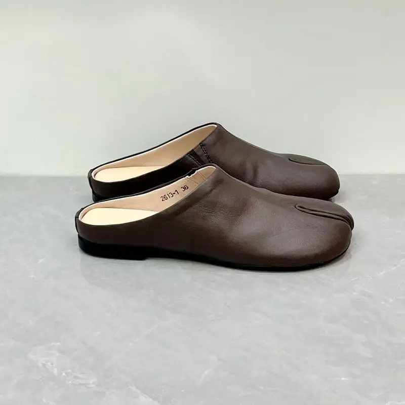 Careaymade-Handmade Genuine Leather Big Size Women's Slippers, Cowhide High-End Sense Niche Split Toe Flat Men's Slippers 35-45