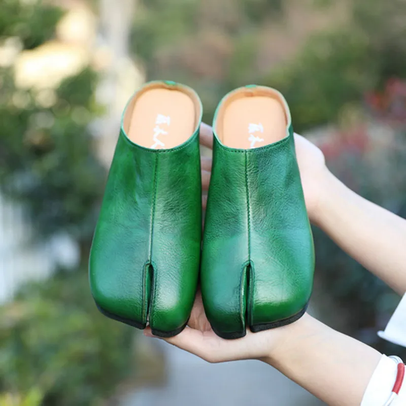 Careaymade-Handmade Genuine Leather Big Size Women's Slippers, Cowhide High-End Sense Niche Split Toe Flat Men's Slippers 35-45