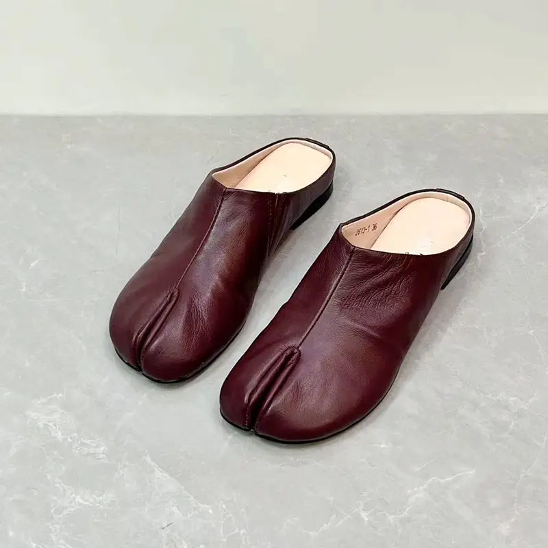 Careaymade-Handmade Genuine Leather Big Size Women's Slippers, Cowhide High-End Sense Niche Split Toe Flat Men's Slippers 35-45